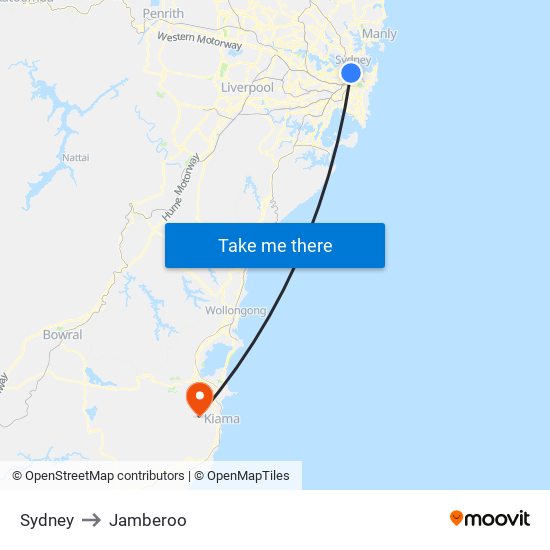 Sydney to Jamberoo map