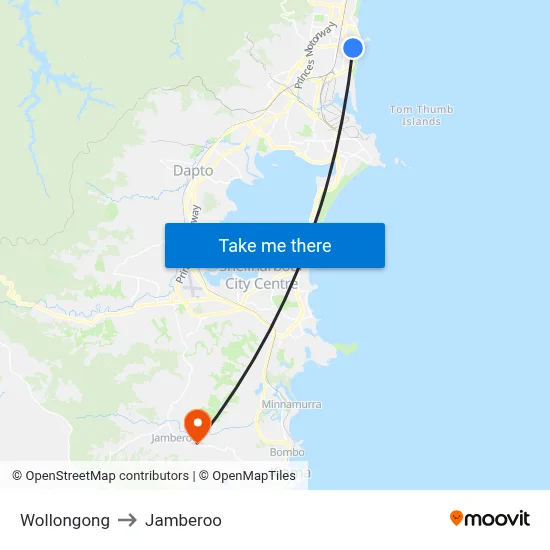 Wollongong to Jamberoo map