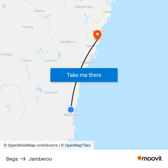 Bega to Jamberoo map