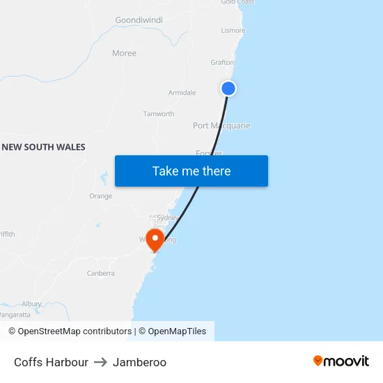 Coffs Harbour to Jamberoo map
