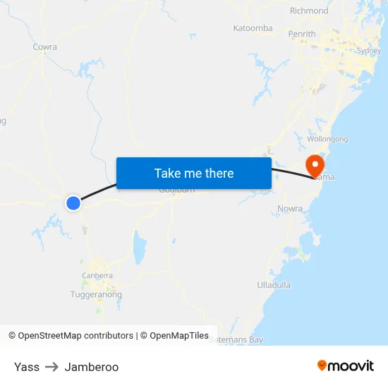 Yass to Jamberoo map