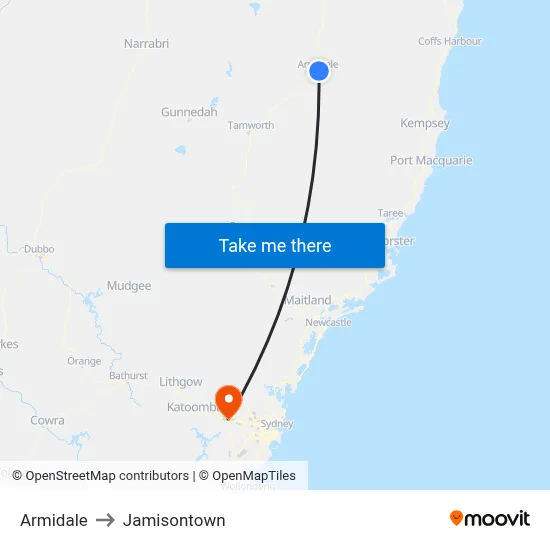Armidale to Jamisontown map