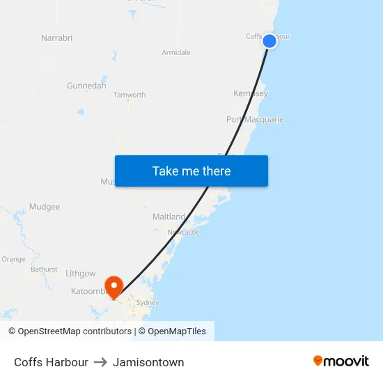 Coffs Harbour to Jamisontown map
