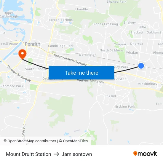 Mount Druitt Station to Jamisontown map