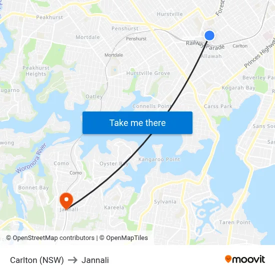 Carlton (NSW) to Jannali map
