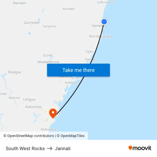 South West Rocks to Jannali map