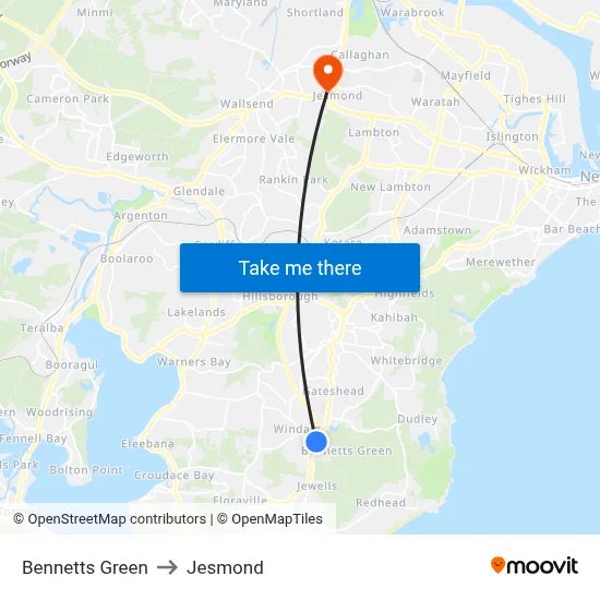 Bennetts Green to Jesmond map