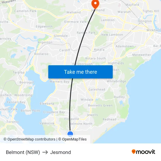 Belmont (NSW) to Jesmond map