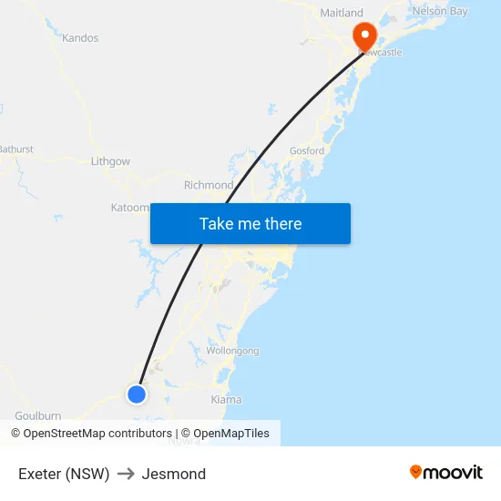 Exeter (NSW) to Jesmond map