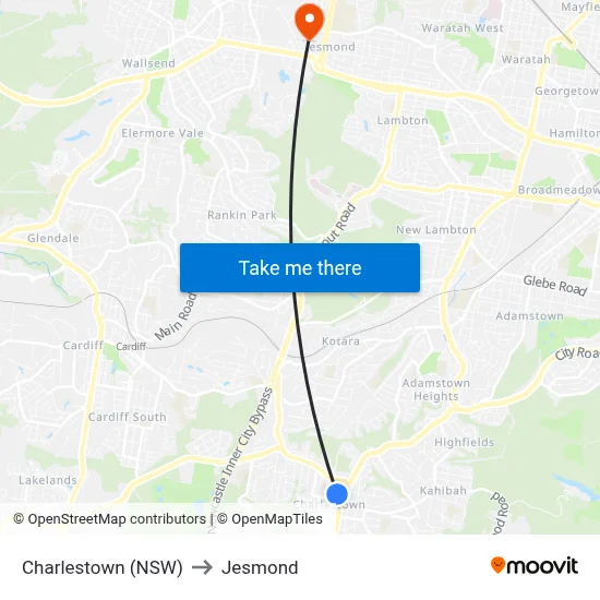 Charlestown (NSW) to Jesmond map