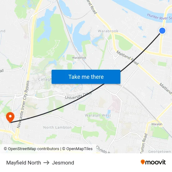 Mayfield North to Jesmond map