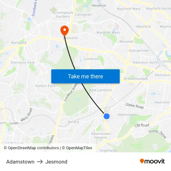 Adamstown to Jesmond map