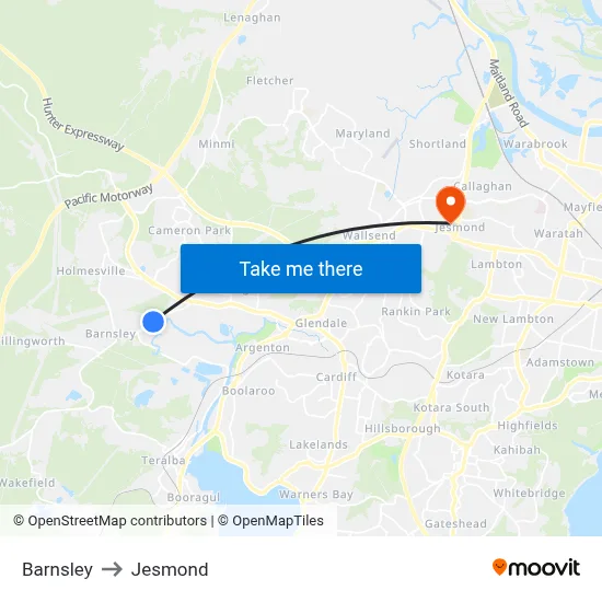 Barnsley to Jesmond map