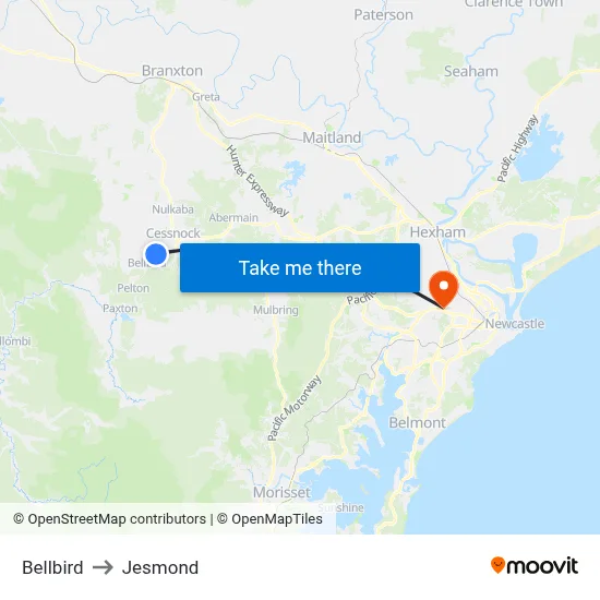 Bellbird to Jesmond map