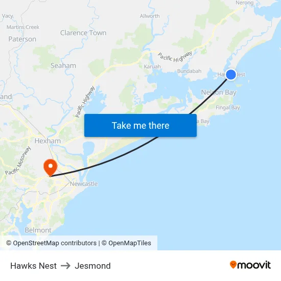 Hawks Nest to Jesmond map