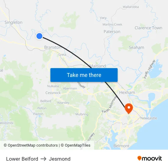 Lower Belford to Jesmond map