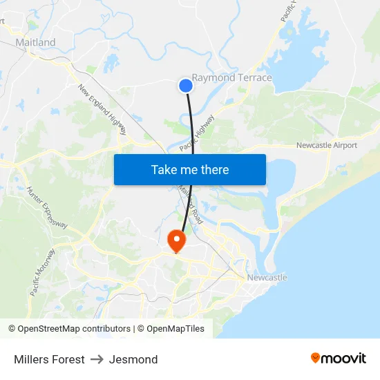 Millers Forest to Jesmond map