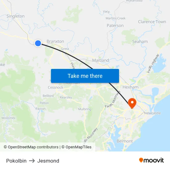 Pokolbin to Jesmond map