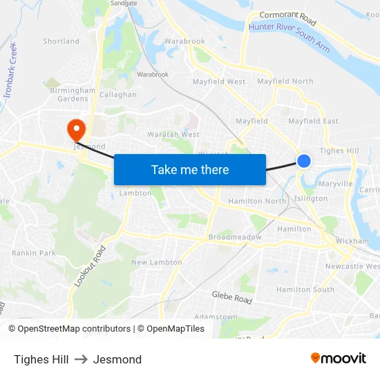 Tighes Hill to Jesmond map