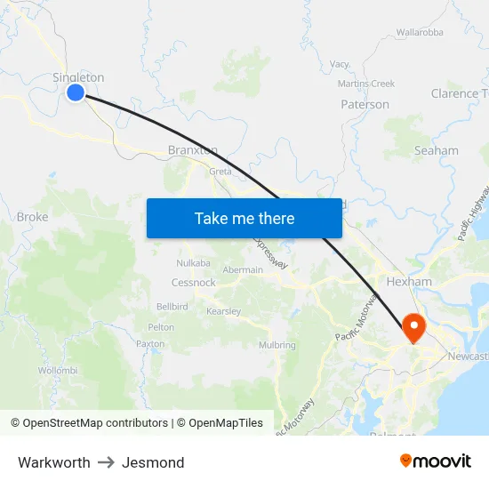 Warkworth to Jesmond map