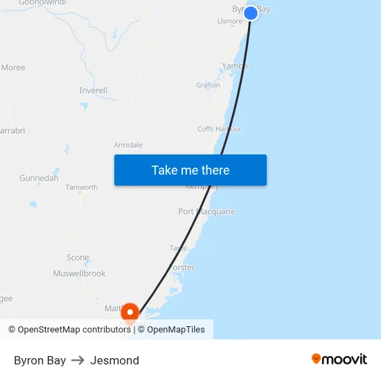 Byron Bay to Jesmond map