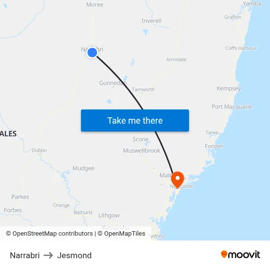 Narrabri to Jesmond map
