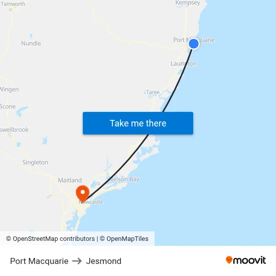 Port Macquarie to Jesmond map