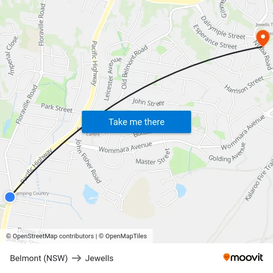 Belmont (NSW) to Jewells map