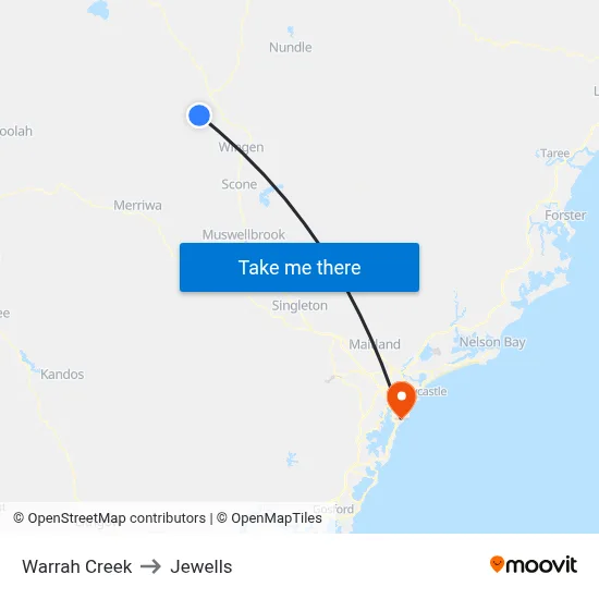 Warrah Creek to Jewells map