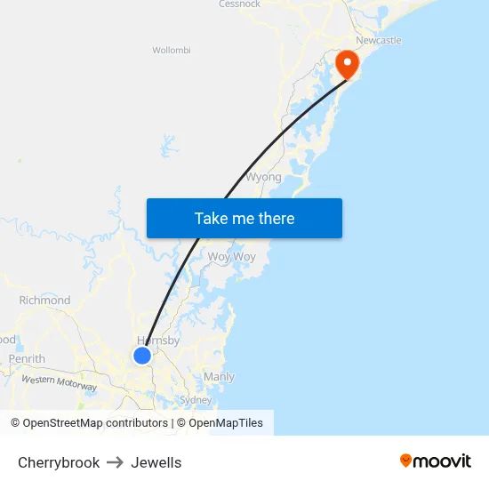 Cherrybrook to Jewells map