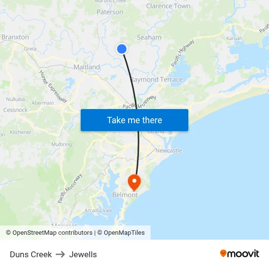 Duns Creek to Jewells map
