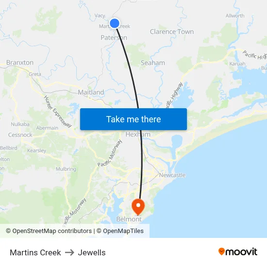 Martins Creek to Jewells map