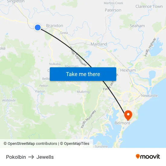 Pokolbin to Jewells map