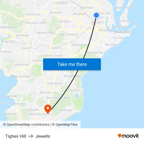 Tighes Hill to Jewells map