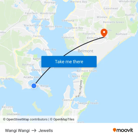Wangi Wangi to Jewells map