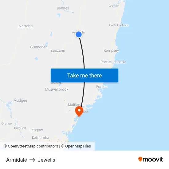 Armidale to Jewells map