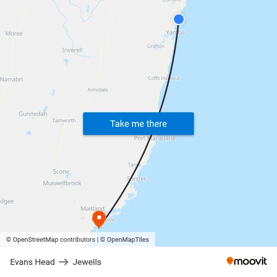 Evans Head to Jewells map