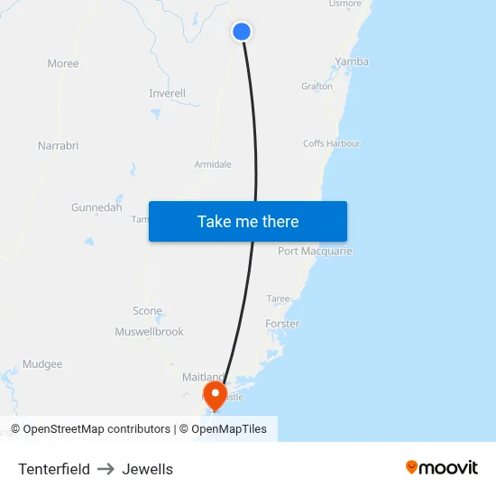 Tenterfield to Jewells map