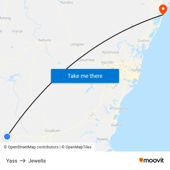 Yass to Jewells map