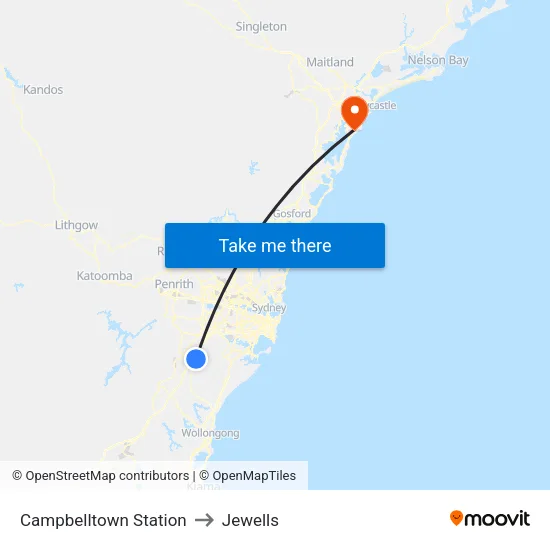 Campbelltown Station to Jewells map