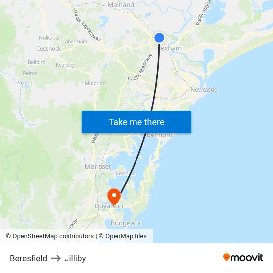 Beresfield to Jilliby map