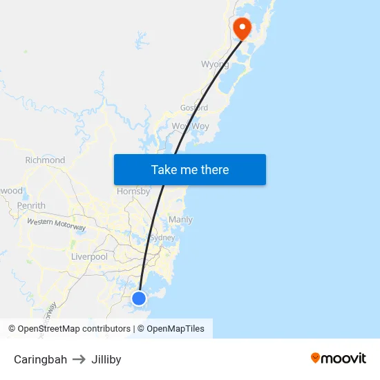 Caringbah to Jilliby map
