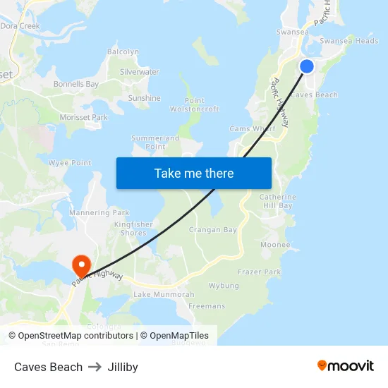 Caves Beach to Jilliby map