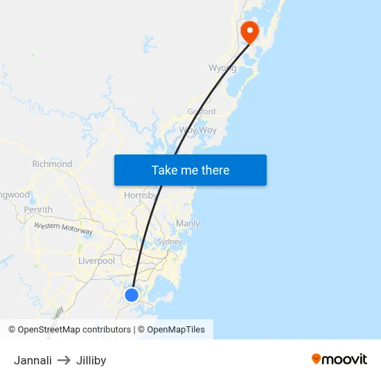 Jannali to Jilliby map