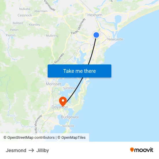 Jesmond to Jilliby map