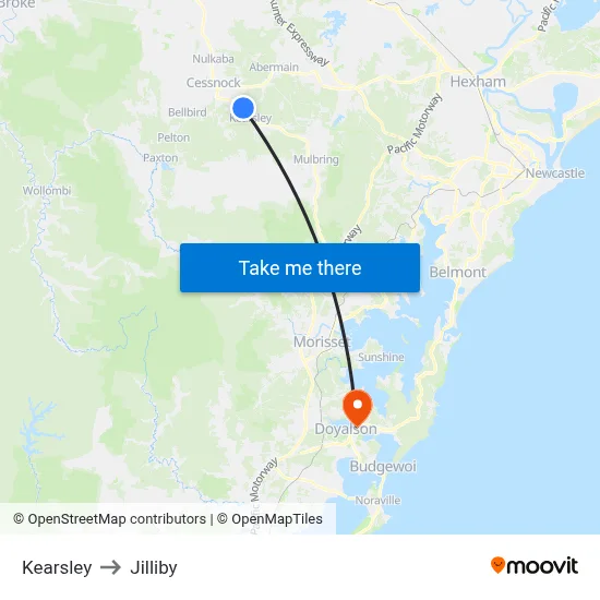 Kearsley to Jilliby map