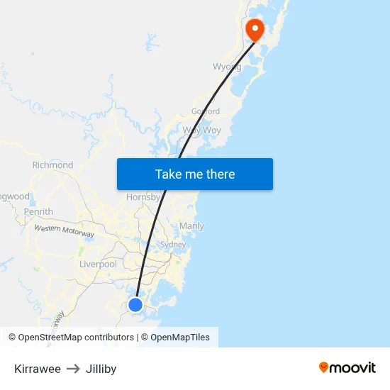 Kirrawee to Jilliby map
