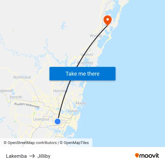 Lakemba to Jilliby map