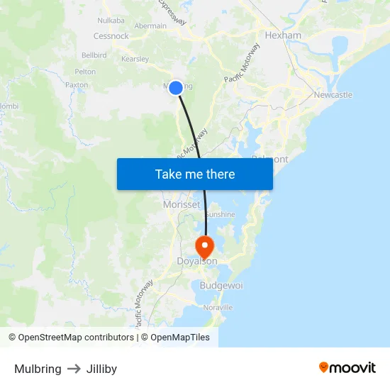 Mulbring to Jilliby map