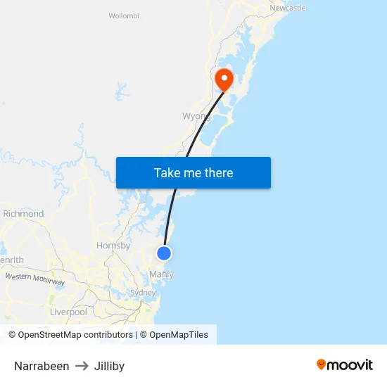 Narrabeen to Jilliby map